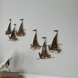 Set Of 2 Metal Brass Sailboat Wall Nautical Decor. MCM